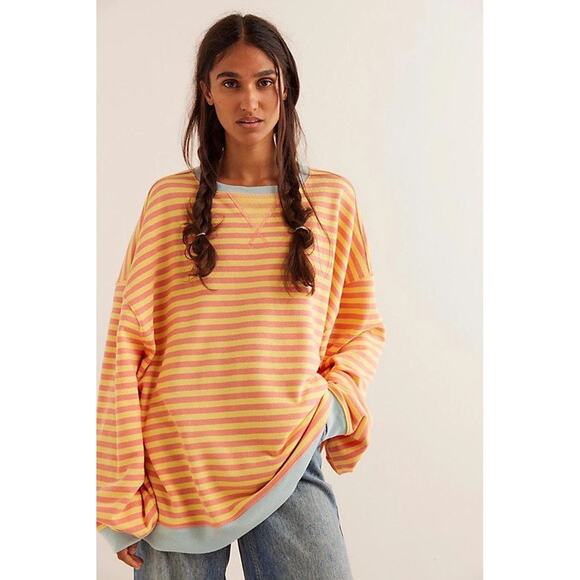 Free People Sweaters - New Free People Classic Striped Oversized Crewneck In Orange Combo Women's Sz M